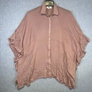 KyeMi Blouse Women's M Mauve Button Down Ruffle Sleeve Oversized Flowy Rayon Top